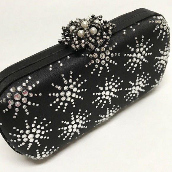 Satin Evening Bag Hard Shell Sparkling Stones and Chain Strap - Picture 2 of 10